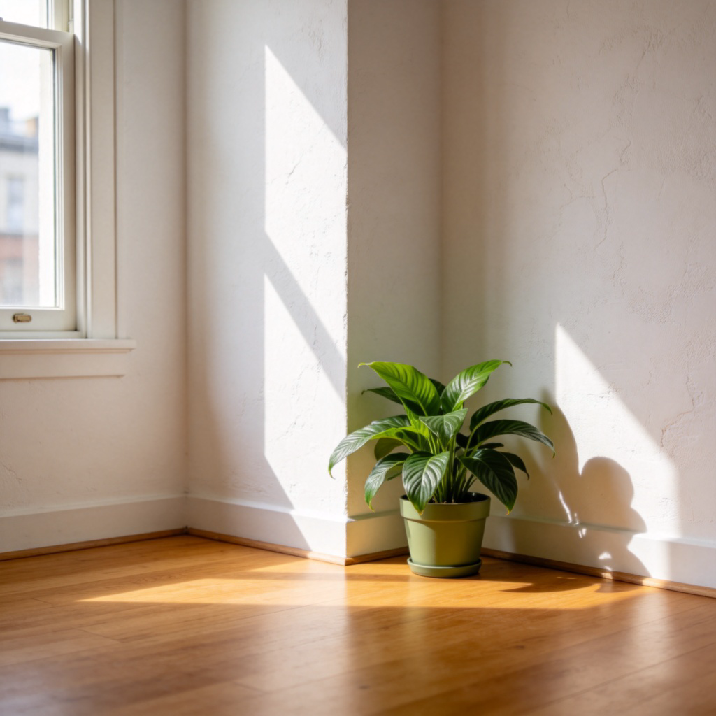 A cozy living room interior. The photo focuses sharply on the corner where two white walls meet, with a green potted plant sitting on the floor right in that corner. Soft sunlight comes from a window on the left. The floor is wooden. No people or text.