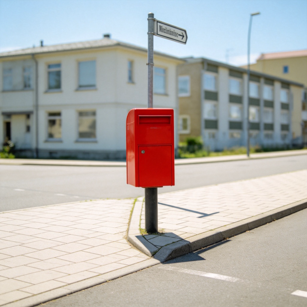 A clear daytime view of a street corner where two clean, paved sidewalks meet at a right angle. A bright red mailbox stands at the very corner point. One street sign is visible on a post. The buildings are in the background, out of focus. No cars or people blocking the view.