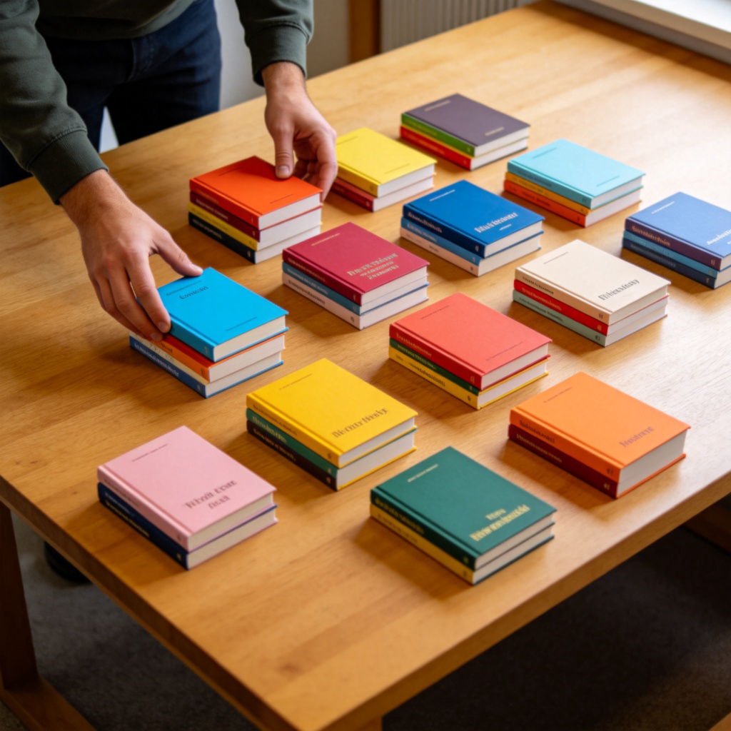 A person's hands sorting and organizing colorful books on a large wooden table. Each small stack of books represents a different topic (e.g., one stack on marine biology, another on ancient history). The hands are placing a book onto a specific, neatly defined stack, symbolizing a specialized field. Top-down view, clear and organized. No text.
