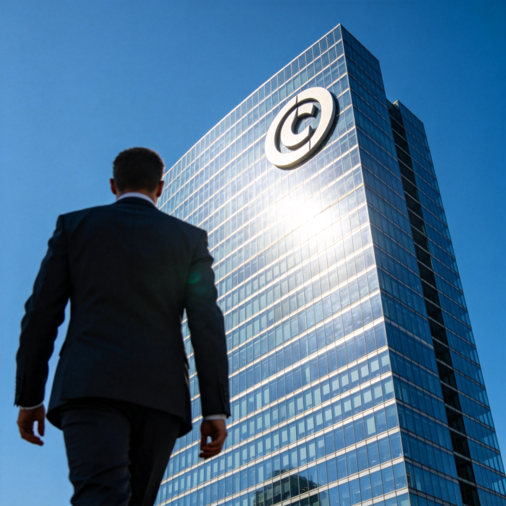 A close-up of a large, modern glass skyscraper with a prominent corporate logo on its side, under a clear blue sky. In the foreground, a well-dressed professional is walking confidently towards the building's entrance. The focus is on the building's scale and the logo, conveying the idea of a large, powerful business entity. No text.