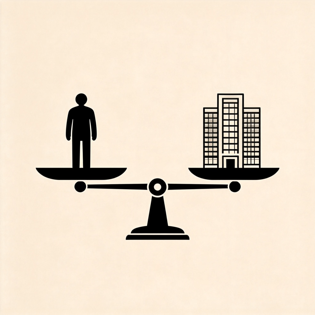 A conceptual image showing a balance scale. On one side of the scale is a simple silhouette of a single person. On the other side is a clean, simplified icon of a modern office building. Both sides are perfectly balanced, symbolizing equal legal standing. The background is plain and neutral. No text or numbers.