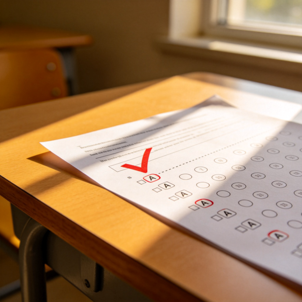 A close-up of a student's test paper on a wooden desk. A large, red tick mark is clearly visible next to a multiple-choice question with the answer 'A' circled. Sunlight streams in from a window, highlighting the paper. The focus is on the tick and the correct answer. No text or logos.