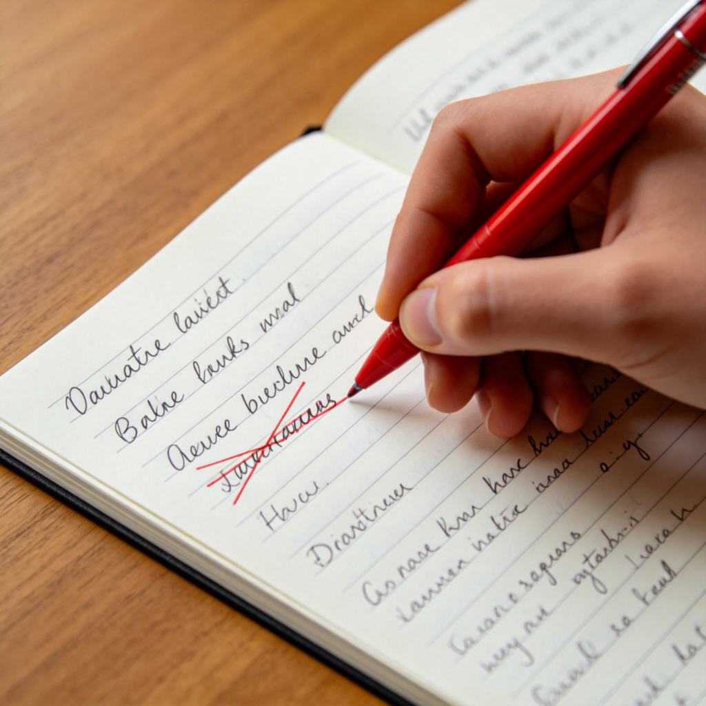 A person's hand holding a red pen, actively crossing out a misspelled word in a notebook and writing the correct spelling neatly above it. The rest of the notebook page has handwritten notes. The background is a simple wooden table. Sharp focus on the correcting action. No text.