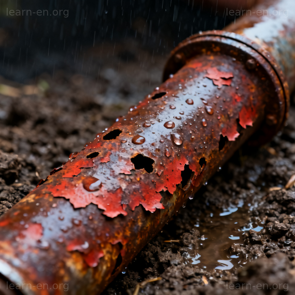 Corrode meaning illustrated by a close-up of a rusted, corroded metal pipe with holes.