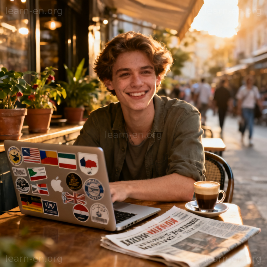 Personne cosmopolite souriante dans un café avec ordinateur portable