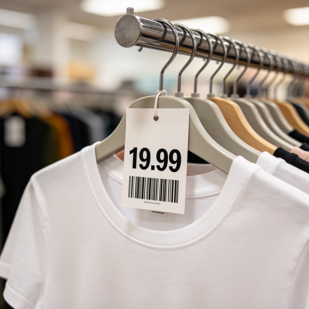 A clear, close-up view of a price tag attached to a simple white t-shirt on a clothes rack. The price tag reads "$19.99" in bold black numbers, with a barcode below it. The background is a soft-focus clothing store. The focus is sharp on the price tag. No people or text beyond the price.