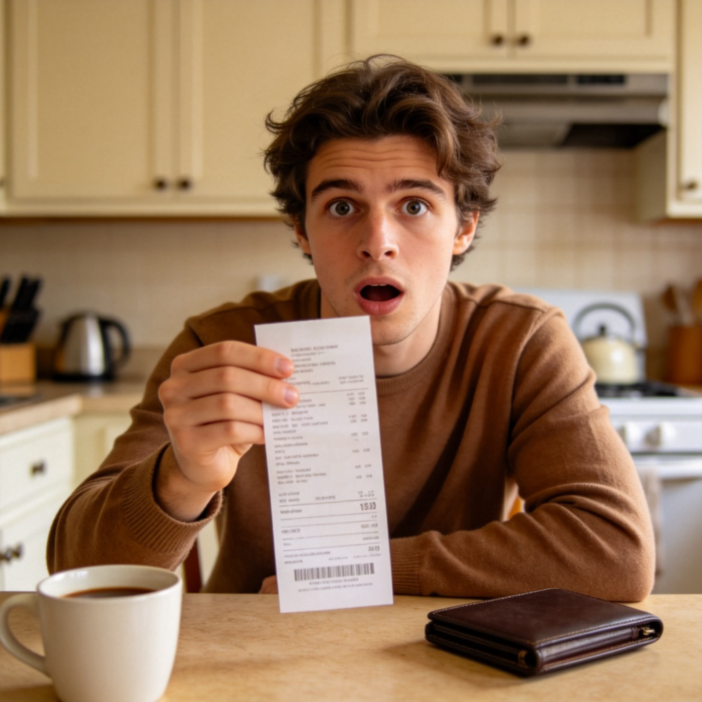 A person looking surprised or thoughtful while holding a printed bill or receipt in their hand, sitting at a kitchen table. A cup of coffee and a wallet are also on the table. The camera focuses on the person's expression and the receipt. Natural indoor lighting, realistic style. No visible text on the receipt.