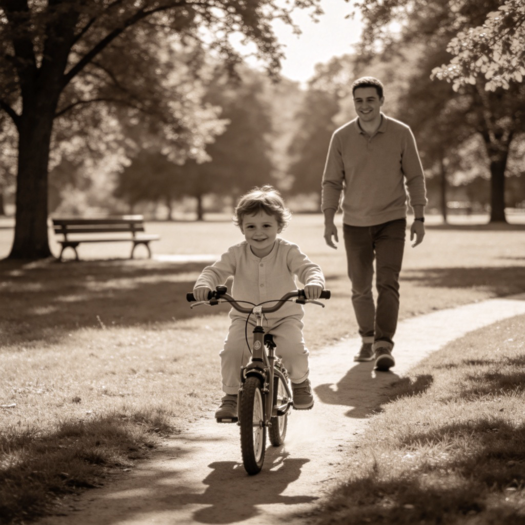 A sepia-toned or nostalgic photo of a young child successfully riding a bicycle for the first time on a sunny path in a park, with a proud parent watching from behind. The image captures the moment of achievement and past ability. Warm lighting, realistic style. No text.
