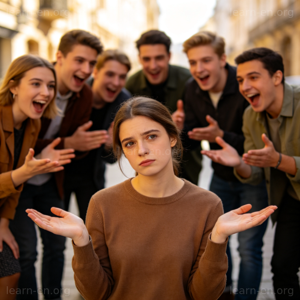 Couldn't care less 习语图解：一人耸肩漠不关心，背景他人热烈讨论