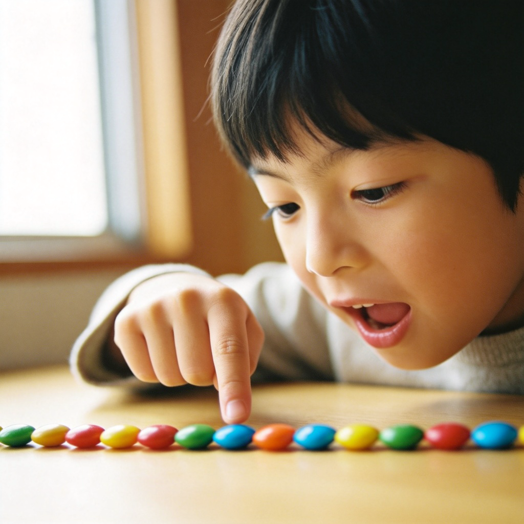 A young child with a focused expression, pointing at a line of colorful candies on a table, mouth slightly open as if saying numbers. Soft daylight from a window, close-up on the child's hand and the candies. Plain wooden background. No text.
