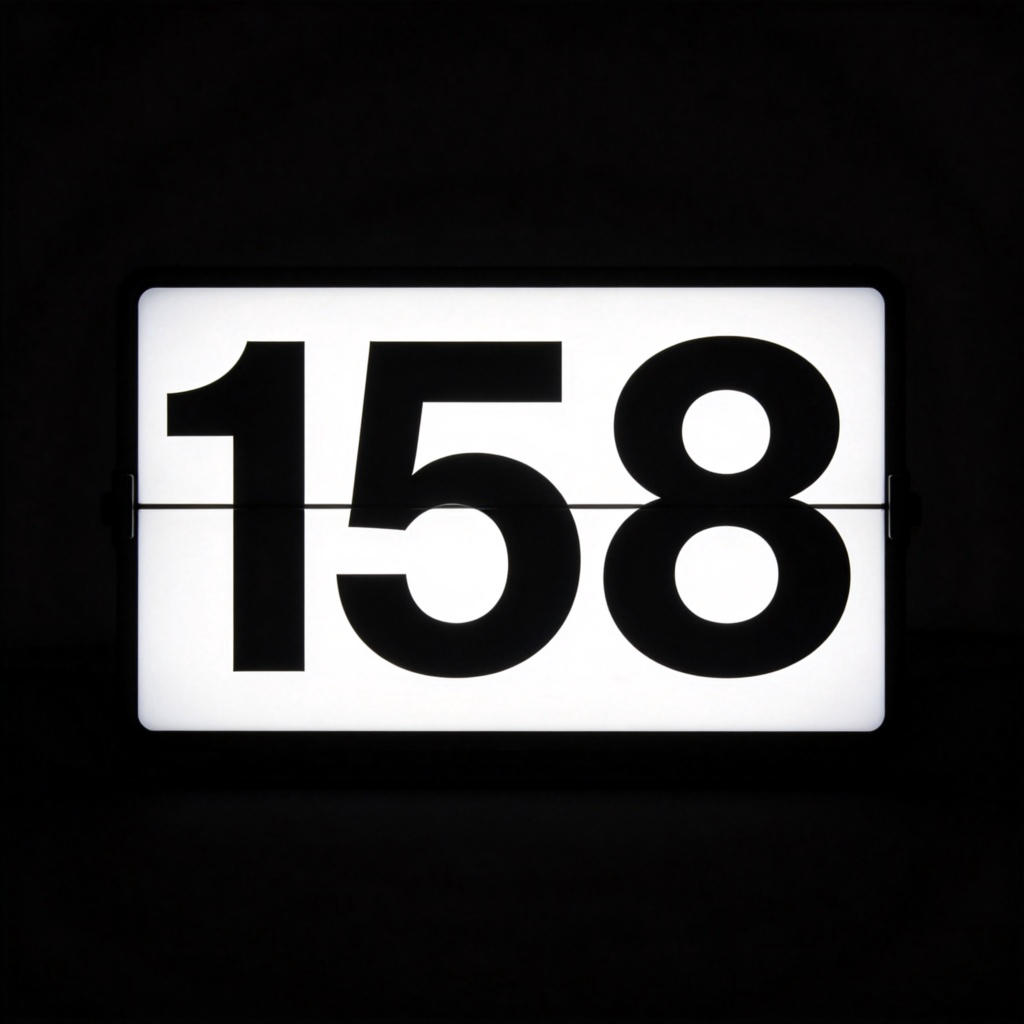 A clear digital counter or a large, simple sign displaying the number "158" in bold black digits against a white background. The number is the sole focus, representing a final tally. No other text or decorative elements. Bright, even lighting.