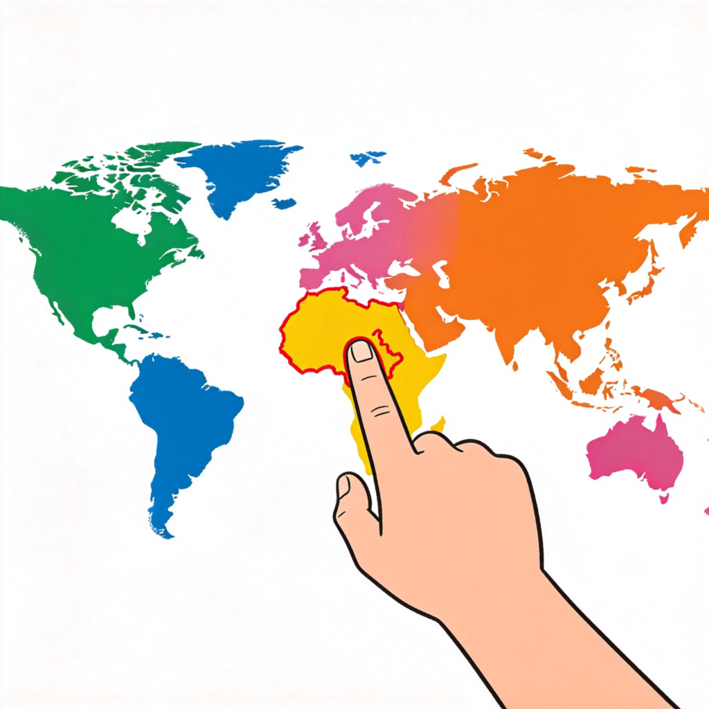 A colorful world map showing different countries in various colors. A hand points with a finger to one specific country outlined in red. Simple, clean background, focus on the map and the pointing gesture. No text or numbers.