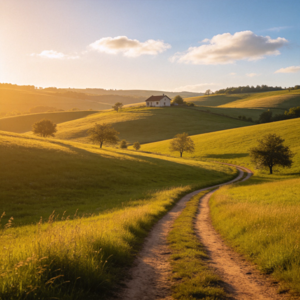 A wide, sunny landscape with rolling green fields, a few trees, and a small farmhouse in the distance. A simple dirt path leads through the grass. Blue sky with a few white clouds. Peaceful and natural scene, no people or modern buildings visible.