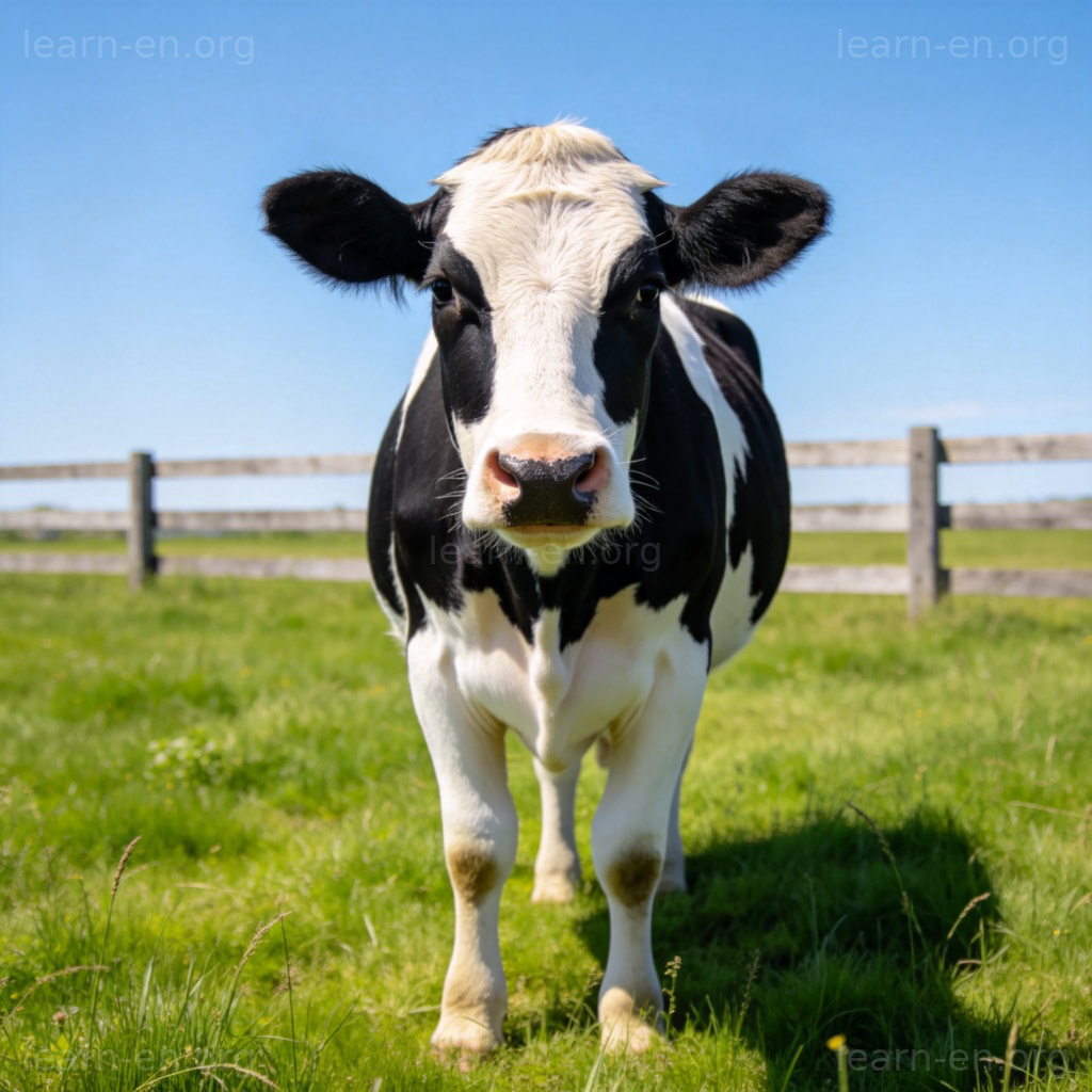 cow 名词含义图解：草地上黑白花奶牛的真实场景