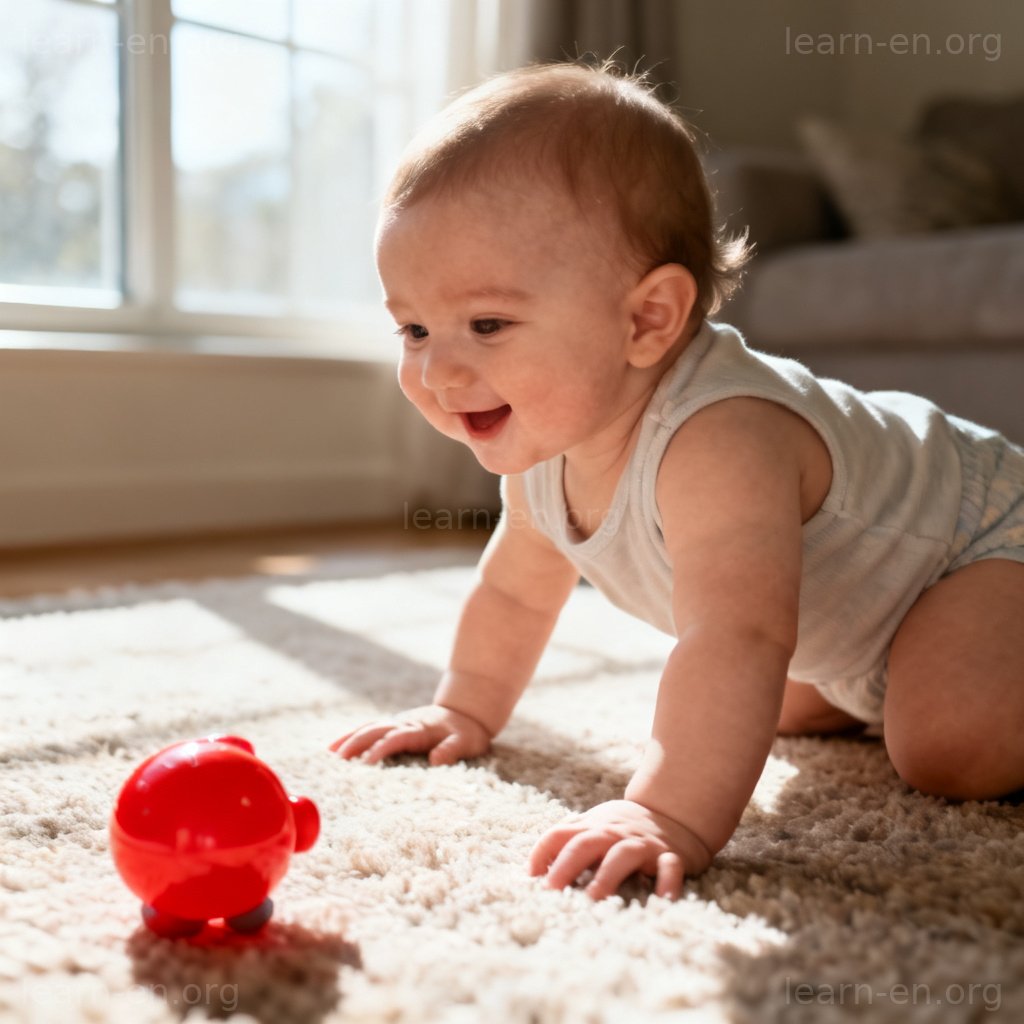 Crawl action illustrated by a baby crawling on a carpet towards a toy.
