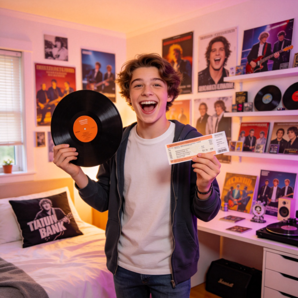 A young person with a big, excited smile, surrounded by posters and merchandise of their favorite music band. They are holding a record or a concert ticket. Bright, happy lighting in a bedroom setting. The focus is on their joyful and passionate expression. No text.