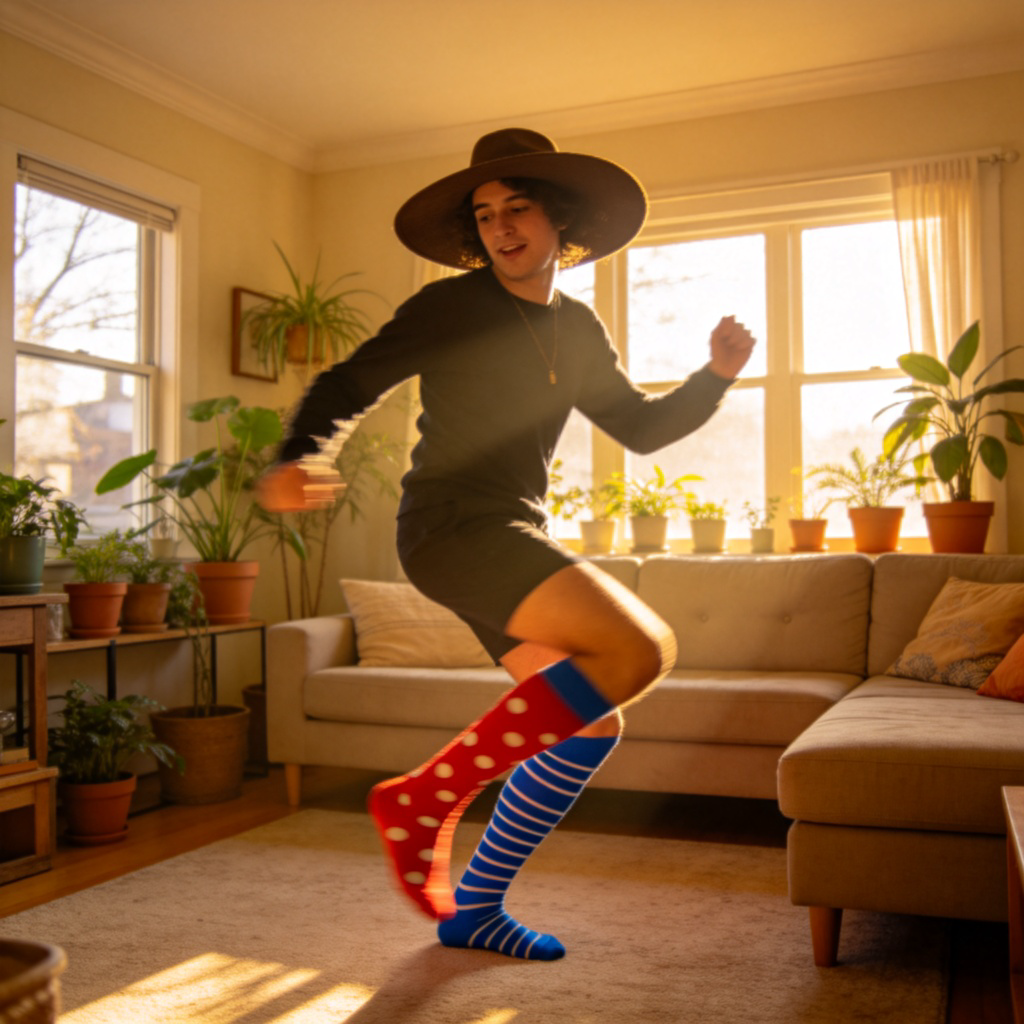 A person wearing mismatched, brightly colored socks and a hat indoors, dancing in a silly and exaggerated manner in their living room. The expression is playful but odd. Natural daylight, cozy home environment. The focus is on the unconventional and unrestrained behavior. No text.