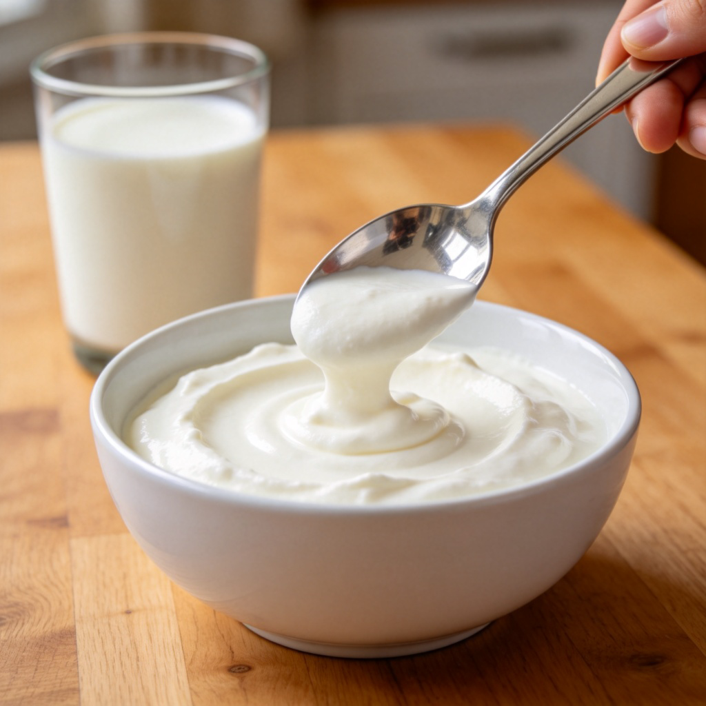A close-up shot of a silver spoon dipping into a white ceramic bowl filled with thick, white cream. A glass of fresh milk is visible in the background on a wooden kitchen table. Natural morning light, focus on the texture of the cream. No text.