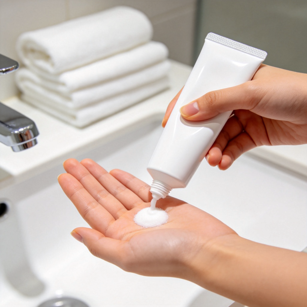 A person's hands, one gently squeezing a white tube of cream onto the other palm. The cream is pearly white. Simple bathroom sink counter in the background with clean towels. Soft, even lighting. No text.