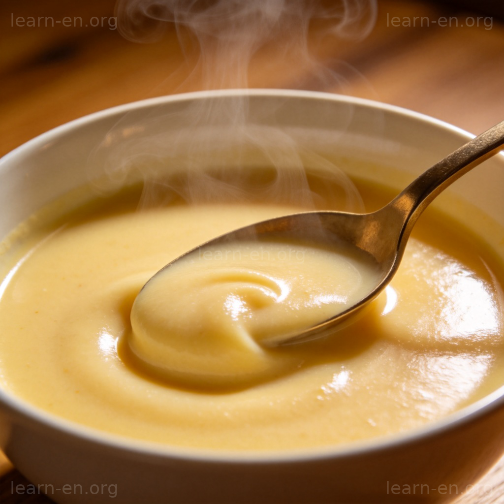 Creamy 含义图解：勺子搅拌顺滑浓汤的场景