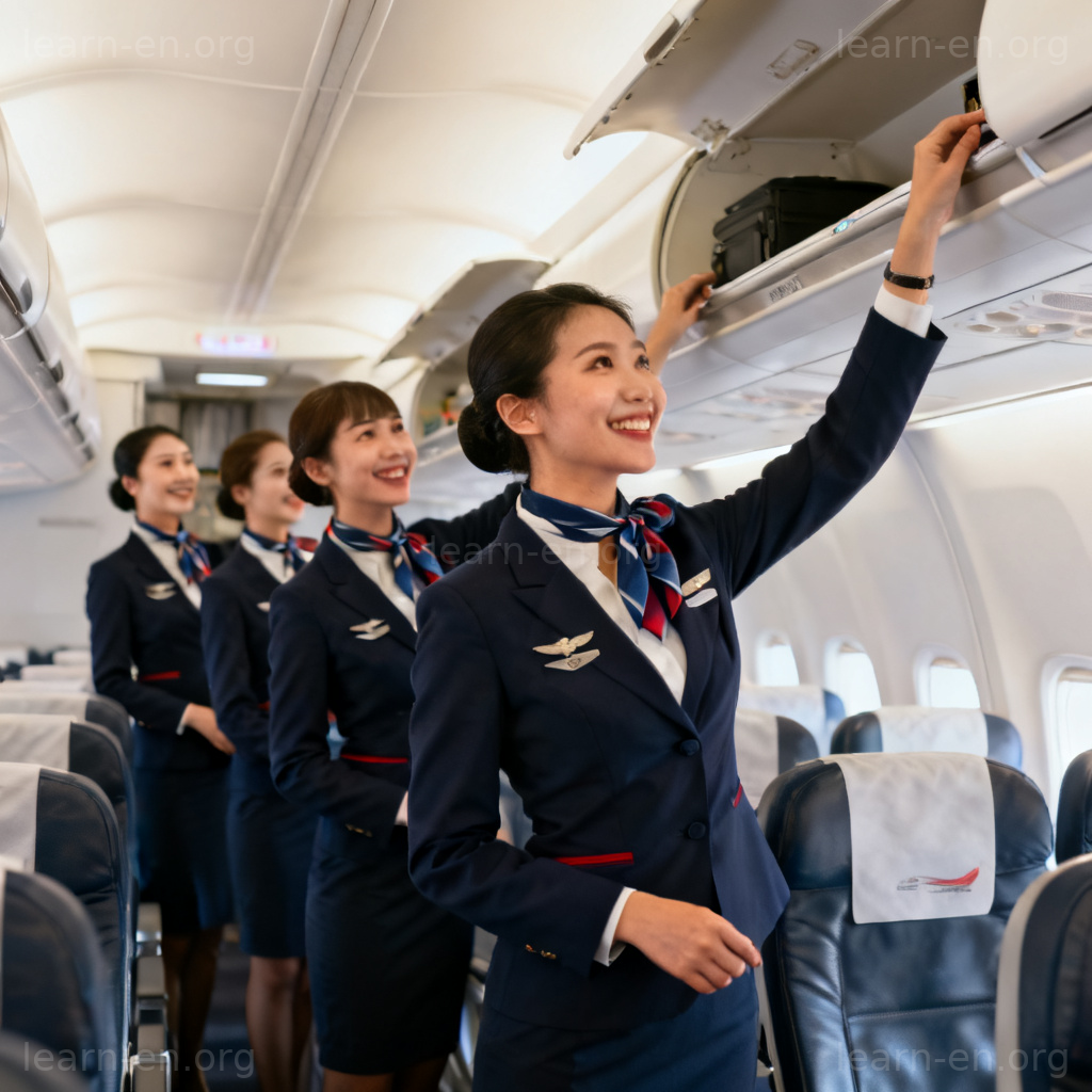 Crew definition illustrated by flight attendants preparing a plane cabin for takeoff.