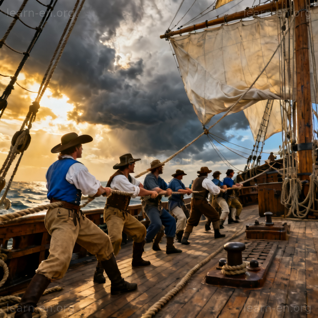 Crew meaning sailors depicted by historical ship crew adjusting sails on deck.