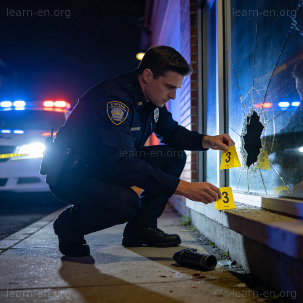 Criminal adjective scene police evidence markers at night