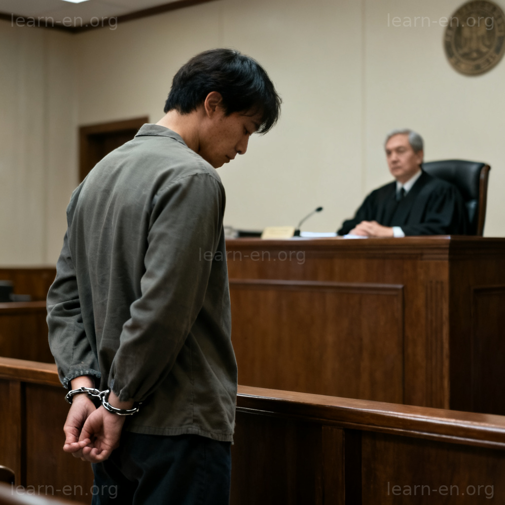 Criminal noun lawbreaker in courtroom with judge