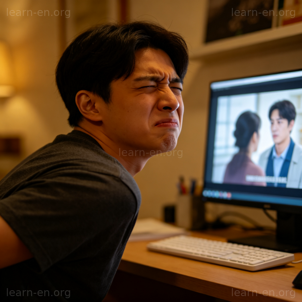 Cringe 含义图解：人因尴尬视频缩肩皱眉的场景