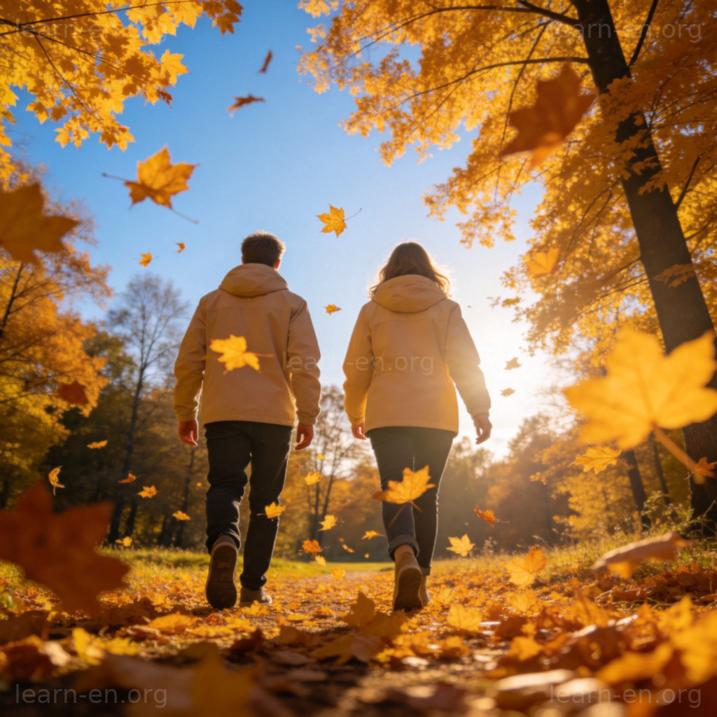 Journée d'automne ensoleillée avec des feuilles dorées et des gens en veste légère