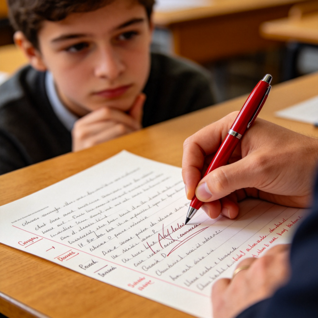 A teacher uses a red pen to mark corrections and write comments in the margin of a student's handwritten essay on a wooden desk. The student's face looks thoughtful. The focus is on the marked paper and the teacher's hand. Soft lighting, realistic style. No text.