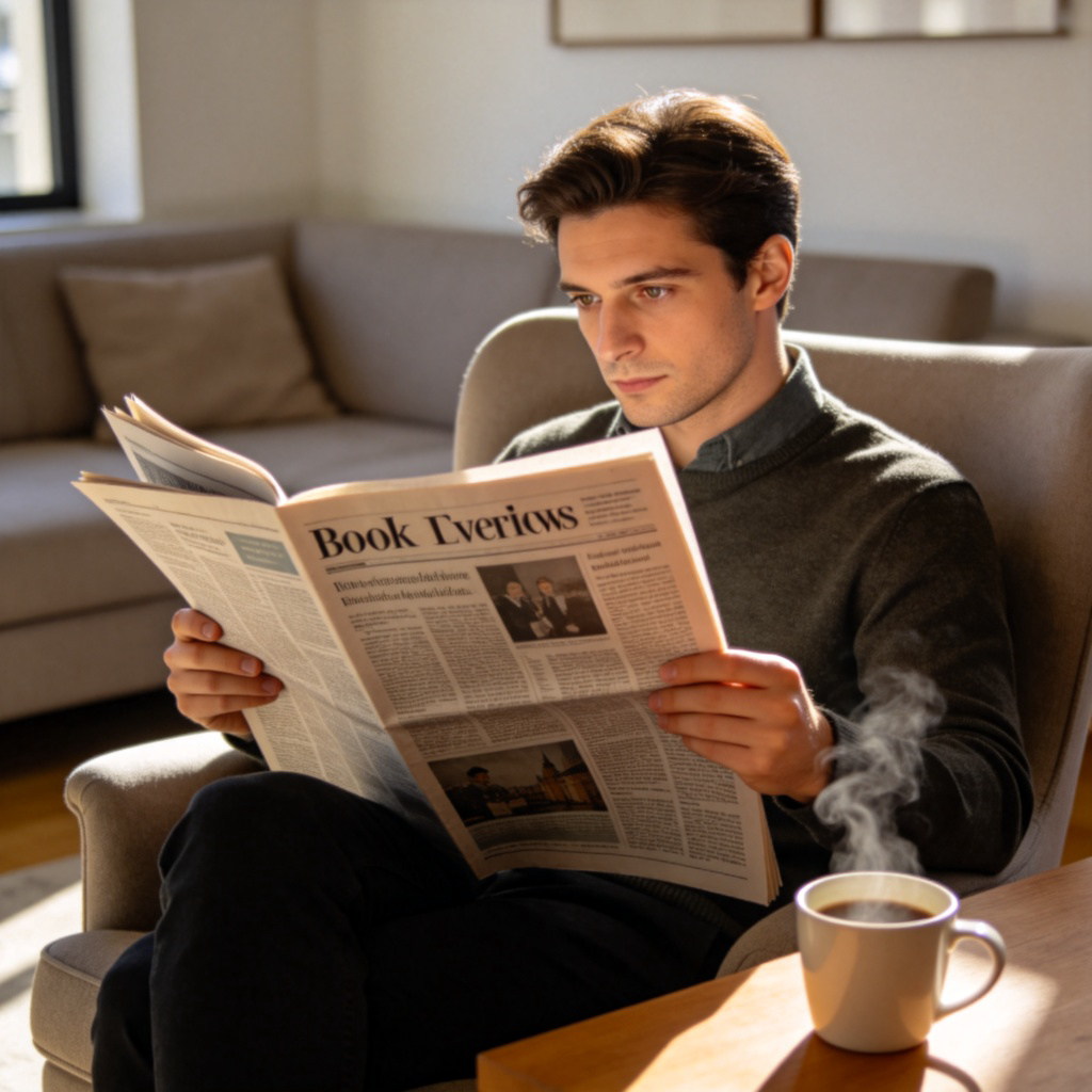 A person sitting comfortably in a modern living room, intently reading a newspaper's book review section. A cup of coffee is on the table next to them. The focus is on the reader's engaged expression and the newspaper. Warm, natural lighting. Realistic style. No text.