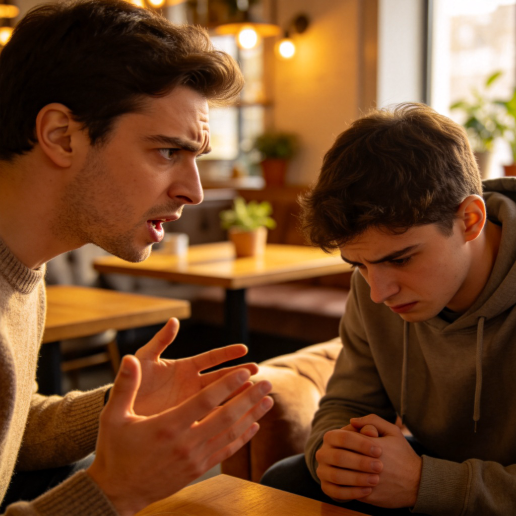 A person speaking seriously to another person who looks unhappy, in a casual setting like a cafe or living room. The speaker is using hand gestures to emphasize a point. The listener is looking down or away, showing they are receiving negative feedback. The focus is on the interaction and the speaker's expression.