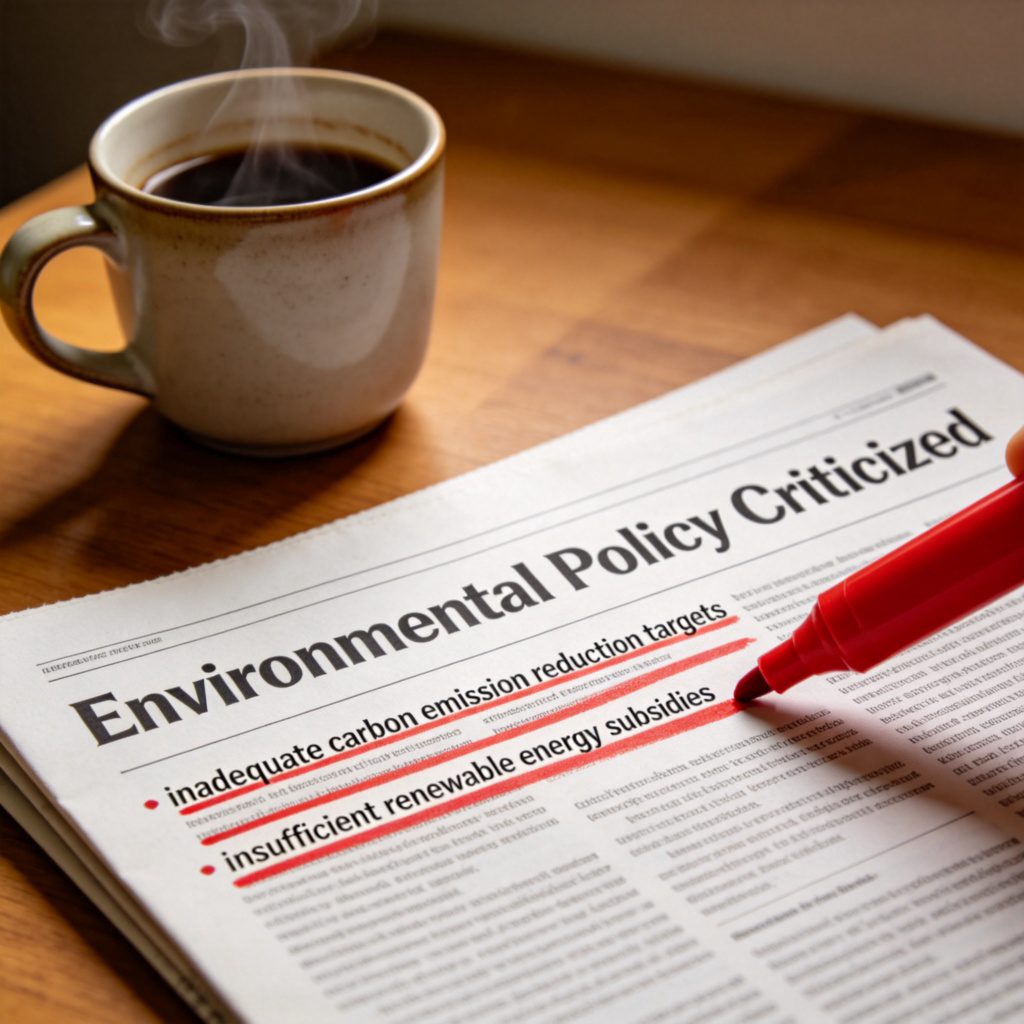 A close-up shot of a newspaper or magazine article with the headline containing the word 'criticizes'. The text below discusses a public issue like environmental policy or a social program. A red pen or highlighter is drawing lines under key negative points. The background is a desk with a cup of coffee, creating a serious, analytical atmosphere.