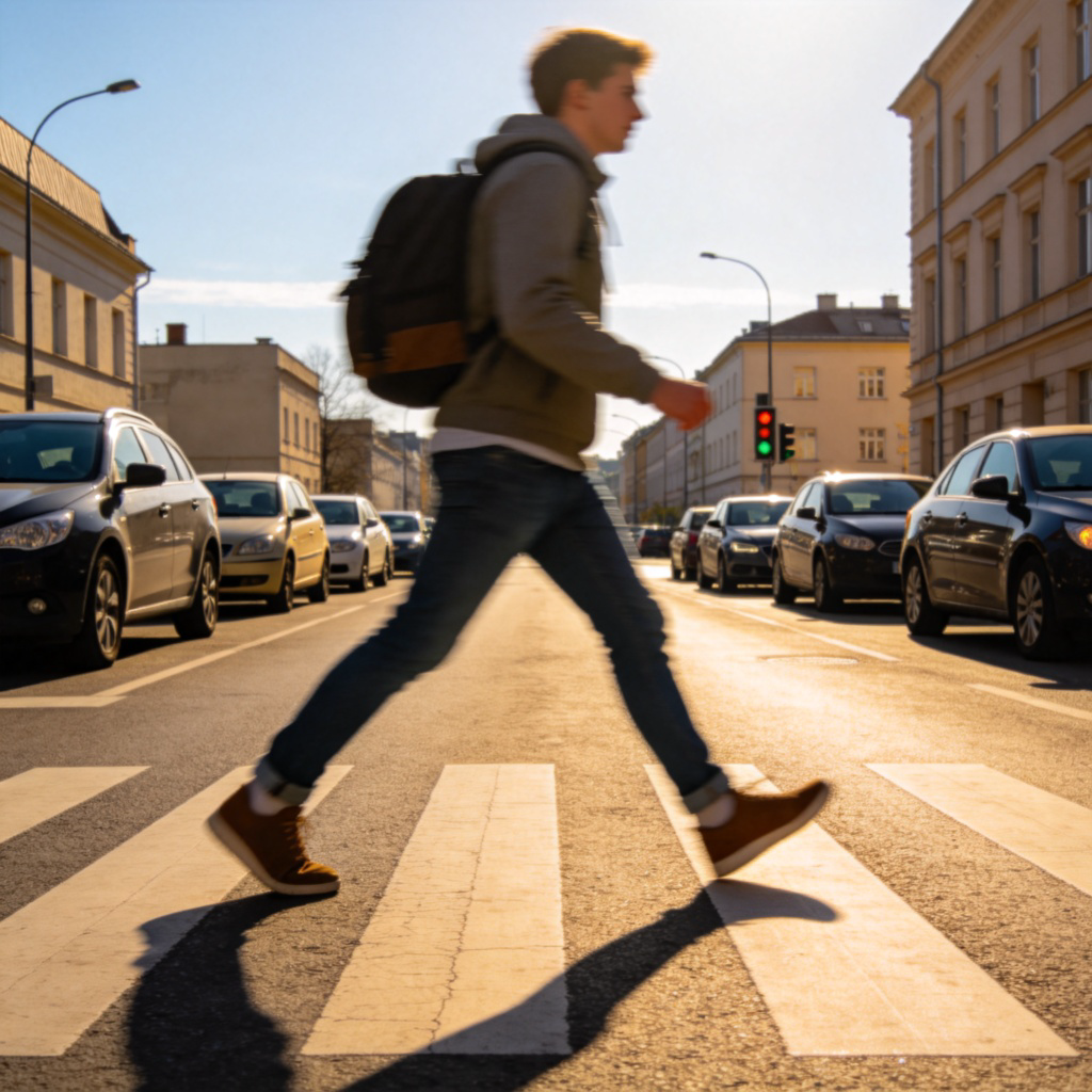 A person walking across a zebra crossing on a sunny day, with cars stopped on both sides. The person is in mid-stride, wearing casual clothes and a backpack. The background shows simple city buildings and clear traffic lights. Photorealistic style, focus on the action of crossing. No text.