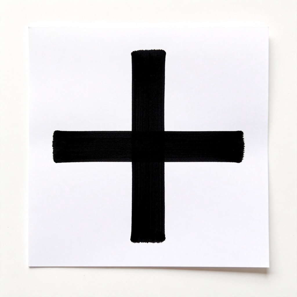 A clean, white sheet of paper with a bold, black plus sign (+) drawn in the center, using a thick marker. The lines are perfectly straight and intersect at the middle. Simple, minimalistic background, top-down view. No text or other objects.