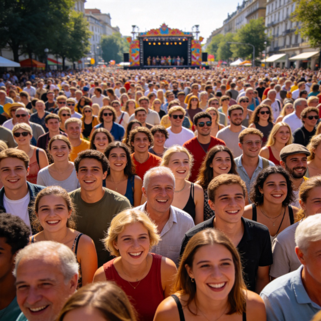 A wide-angle photo of a vibrant street festival. Many happy people of diverse ages and backgrounds are standing close together, filling the frame. They are smiling and looking towards a central stage or parade. Bright daylight, clear focus on the mass of people.