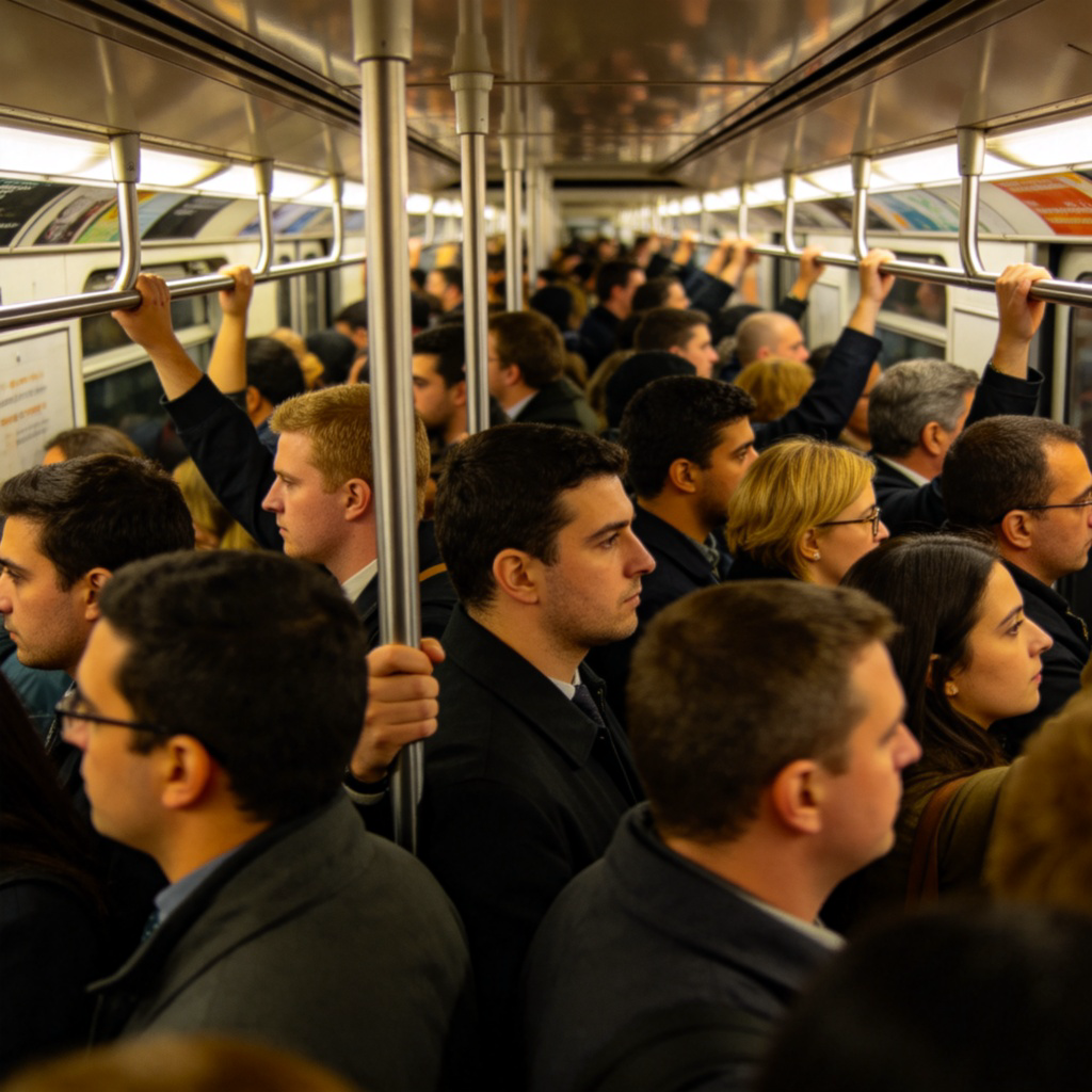 An interior view from inside a subway car or bus during peak hour. People are standing very close together, facing different directions. Some are holding onto poles, and the space looks completely occupied. The focus is on the density of people filling the vehicle.