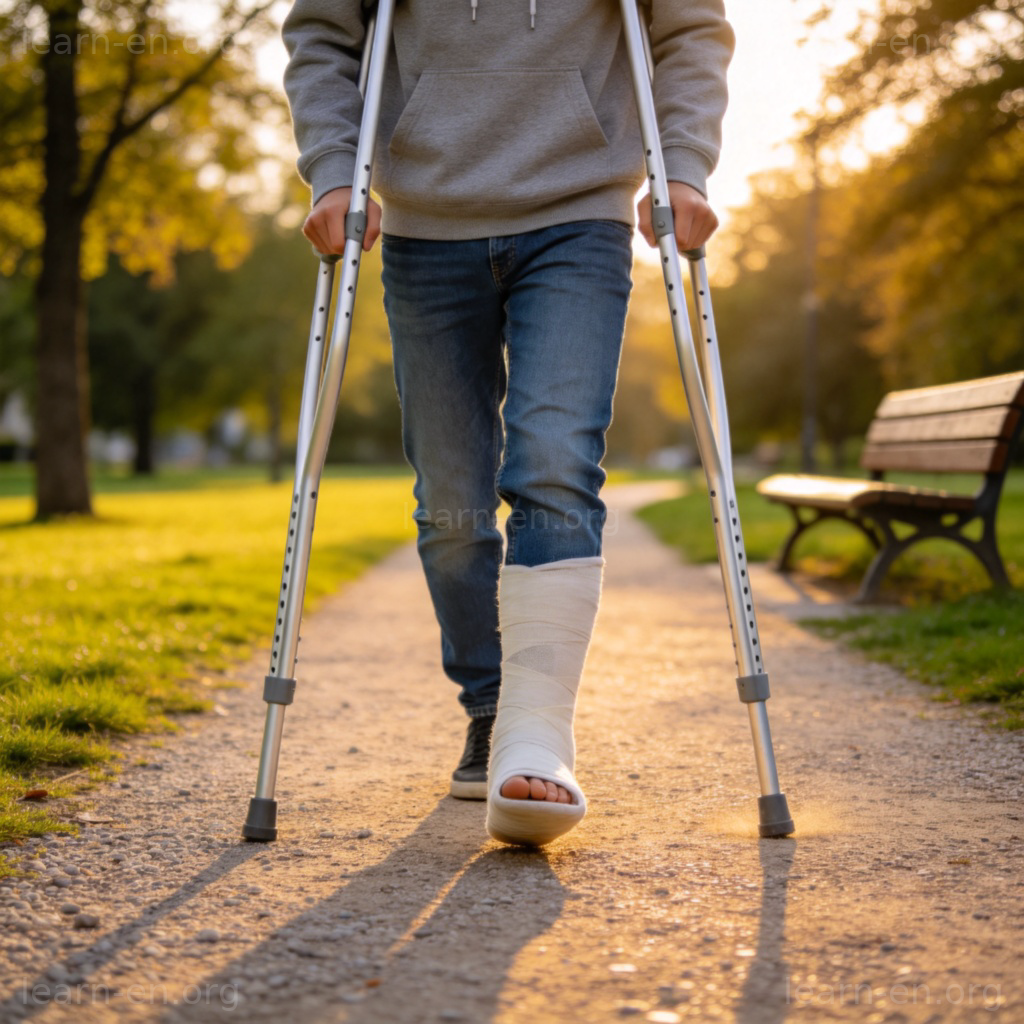 Crutches 拐杖图解：公园中年轻人使用铝制腋下拐杖行走