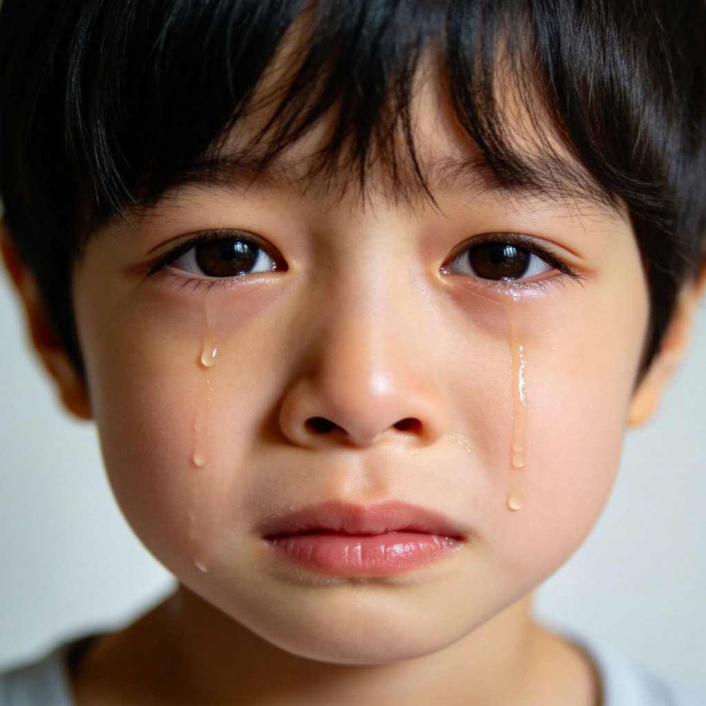 A close-up shot of a young child with tears streaming down their cheeks, looking directly at the camera with a sad expression. Clear droplets of tears are visible on their face. Soft, natural lighting, plain background to keep focus on the emotional face. No text or logos.