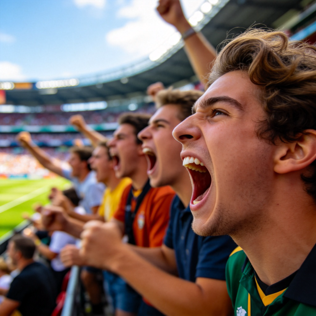 A group of people at a sports stadium, standing up with their mouths wide open, faces showing excitement as they shout towards the field. The focus is on their expressive faces and the action of shouting. Dynamic angle, bright daylight. No text.