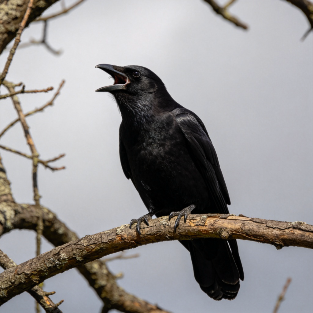 A single black crow perched on a bare tree branch against a gray sky, its beak open as if mid-call. The bird is the clear central subject, showing a natural, realistic animal behavior. Sharp focus on the crow, slightly blurred background. No text.