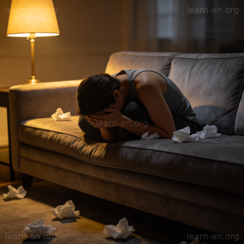 cry one's eyes out 图解：昏暗房间中一人蜷缩沙发掩面痛哭