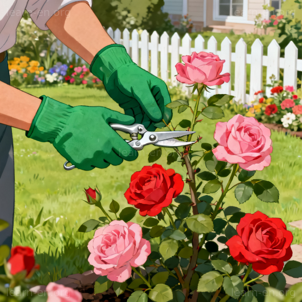 Cultivate garden diagram of a gardener carefully pruning a blooming rose bush.