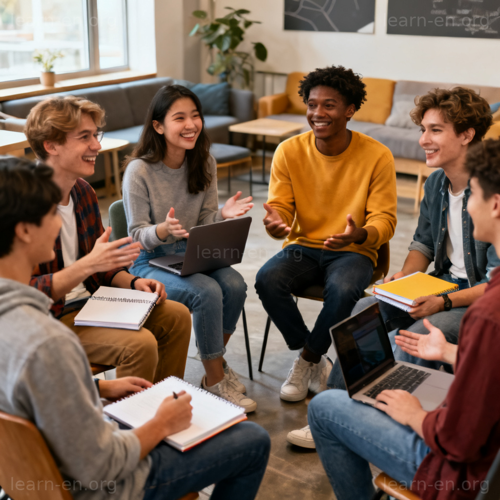 Cultural social norms scene showing diverse students exchanging ideas in discussion.