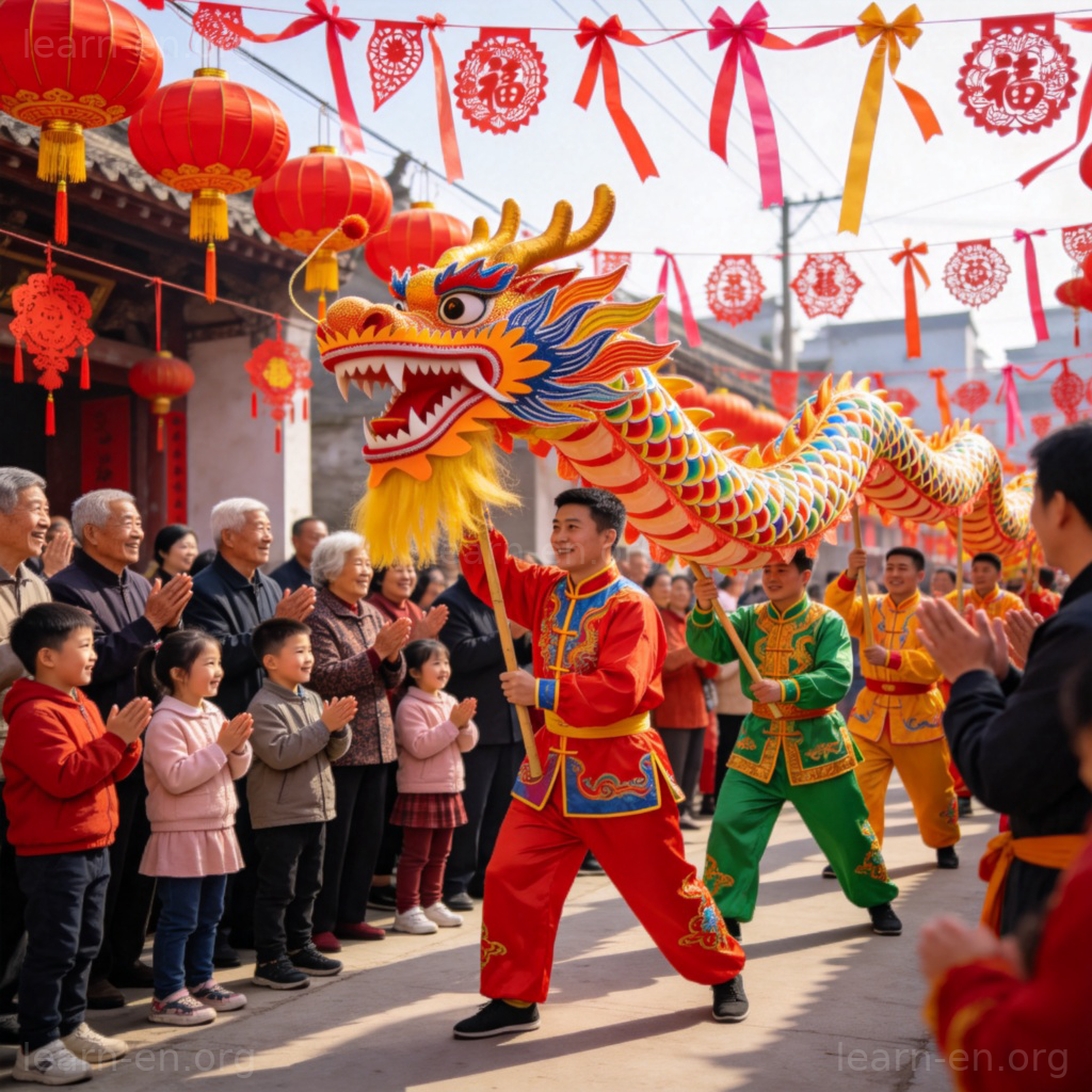 Culture festival scene with dragon dance and traditional costumes