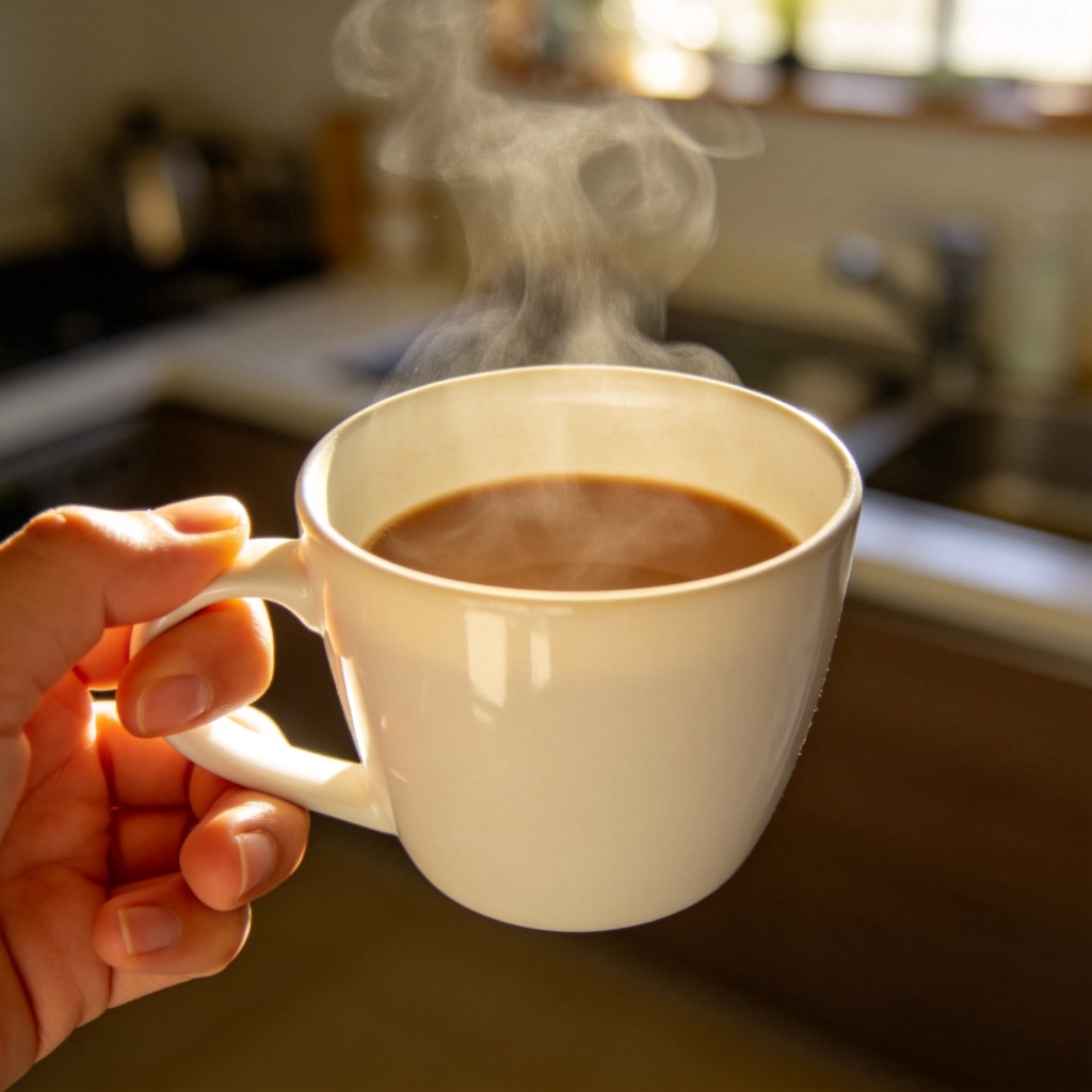 A person's hand holding a white ceramic cup with a handle. The cup is filled halfway with steaming brown liquid (coffee or tea). Plain, blurred kitchen background with natural morning light. Close-up focus on the cup and steam. No text or logos.