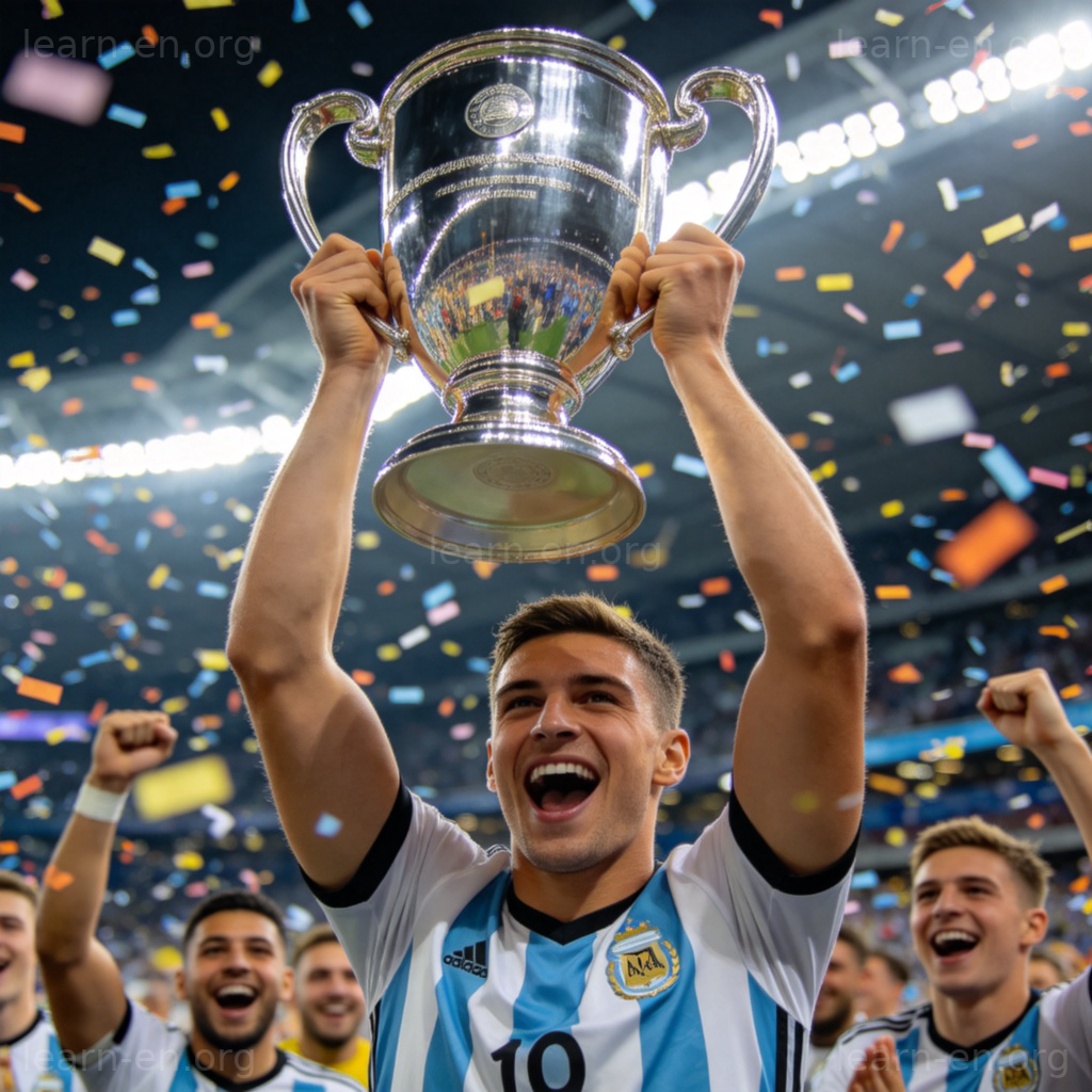 An athlete in a team jersey is holding a large, shiny silver trophy shaped like a cup with two handles above their head. Confetti is falling in the background, and other teammates are cheering. Stadium setting with bright lights. Focus on the athlete and the cup. No text.
