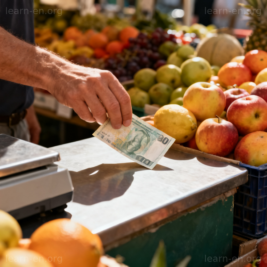 Current currency: hand placing banknote on market stall counter