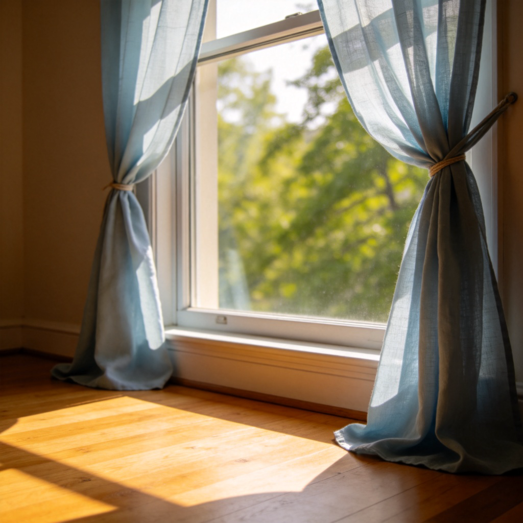 A view from inside a cozy bedroom, focusing on a large window. A pair of light blue, semi-transparent cotton curtains are tied back to each side, allowing warm sunlight to stream onto the wooden floor. The window shows a glimpse of green trees outside. Soft, natural lighting. No text.